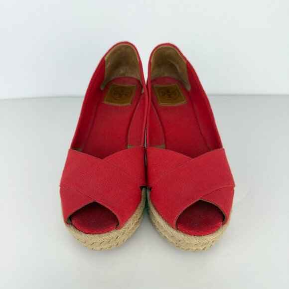 TORY BURCH Filipa Wedges Espadrilles Peep toes Red Size 9 B - Picture 12 of 15